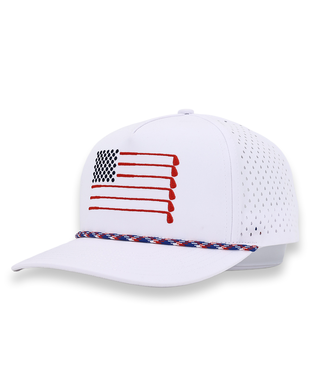 American Flag Rope Flat Bill Hat | White Golf Snapback