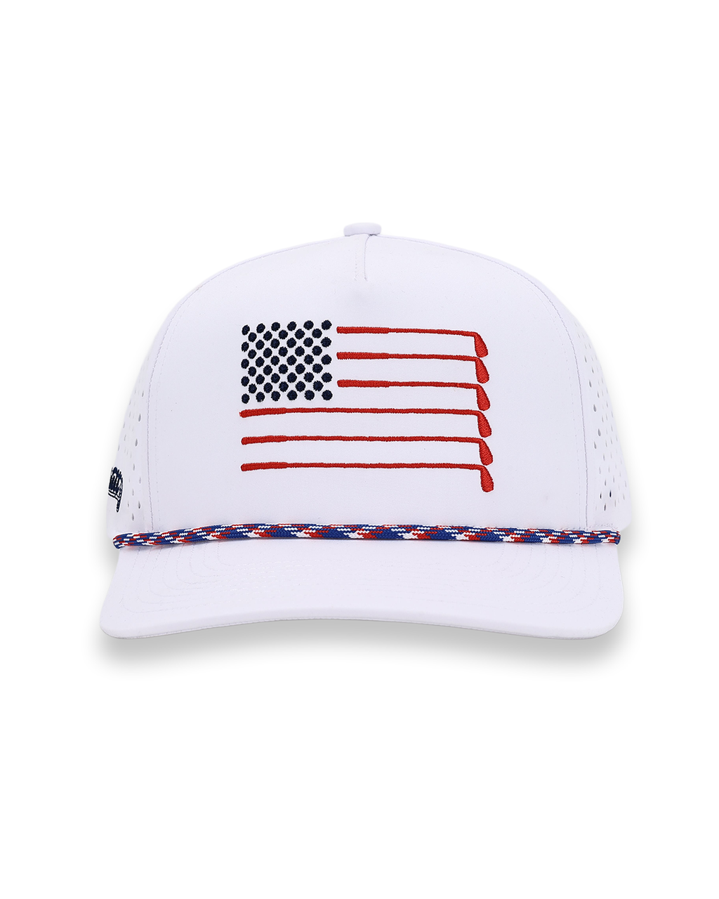 American Flag Rope Flat Bill Hat | White Golf Snapback